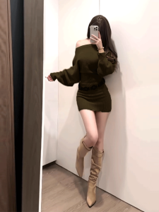 ชุดเดรสสั้นถักทรงเอเข้ารูปฤดูใบไม้ร่วง/ฤดูหนาว ชุดเดรสสั้นเปิดไหล่สำหรับผู้หญิง ชุดเดรสสั้นเข้ารูปเอวสูง ชุดเดรสสั้นถักแบบสวมหัว