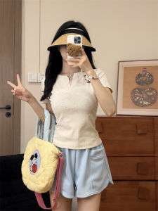 Slimming Short Sleeve V-Neck T-Shirt Casual Pure Desire Style Womens Summer Top Versatile Commute Fashion Combed Cotton Blend