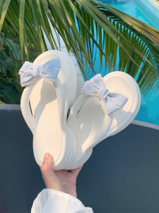 Thick Heel Butterfly Knot Womens Sandals Summer Popular Slip-On Slippers Beach Shoes Comfortable Wearing Plaid Pattern Casual