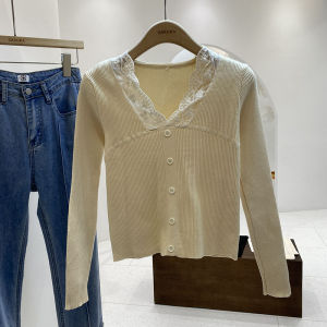 Womens Short V-neck Lace Knitwear Slimming White Base INS Inner Wear Casual Commute Pure Color Long Sleeve Crew Neck Top