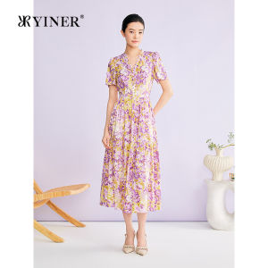 YINER | V-neck Silk Printed Dress