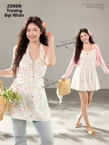 ZHANGDAREN | Bộ Đầm Hoa Dây Kéo Country Phong Cách Dành Cho Người Mập Và Quần Jeans Cao Waisted