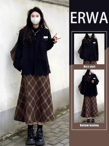 Elegant Black Sweater And Skirt Set Korean Style Autumn Winter Fashion Two-Piece Ensemble High Waist A-Line Midi Dress