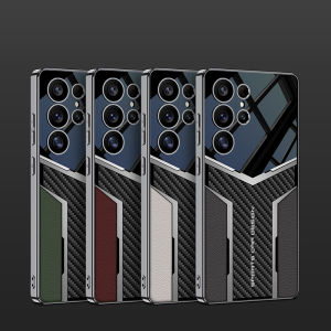 Sports Car Design S25 Ultra Leather Case Phone Cover Gloss Black Metallic Chrome Samsung Galaxy S25U S24U Casing Full Body Shockproof Soft TPU Protective Case with Raised Bezel