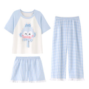 MiiOW | ชุดนอนเด็กผู้หญิงผ้าฝ้ายแท้แขนสั้นฤดูร้อน ชุดนอนเด็กผู้หญิงลายการ์ตูนน่ารัก ชุดนอนเด็กผู้หญิงในบ้าน ชุดนอนเด็กผู้หญิง MiiOW Cat Girl