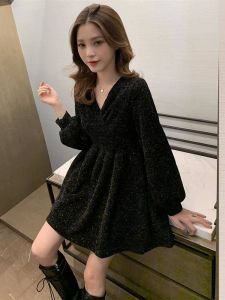 Shiny Sequin High Waist V-Neck Dress A-Line Midi Skirt Hepburn Style plus Size Slimming Black Dress Autumn Long Sleeve