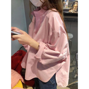 French Style Womens Pink Shirt Unique Design Sensation Small Audience Inner Wear Elegant Short Sleeve Long Shirt Outerwear