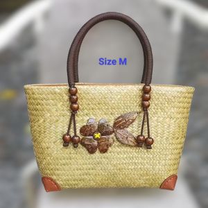 M กระเป๋ากระจูดสาน บุผ้า ปากซิบ ปักกะลา ขนาดปากกว้าง 12 xสูง 8 นิ้ว sizeM เคลือบกันเชื้อรา งานสานเส้นสวย mintnaturebag สีธรรมชาติ
