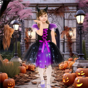 Witch Costume for Toddler Girls Light Up Princess Dress Fairy Tale Witch Hat Broom Scary Halloween Cosplay Outfits