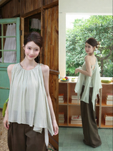 THROUS | Áo Blouse Chiffon Mỏng Lỏng Tay Không Đôi Xéo Cho Mùa Hè