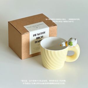 Cute Yellow Duck Ceramic Mugs Birthday Gift Milkiness Coffee Cup Breakfast Cup Cartoon Animal Theme Single Ear Handle Mugs