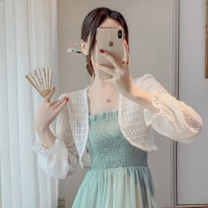 Lightweight Summer Lace Sleeveless Short Outerwear Womens Pearl Trim Open Cardigan Sun Protection Clothes Fashionable Commute