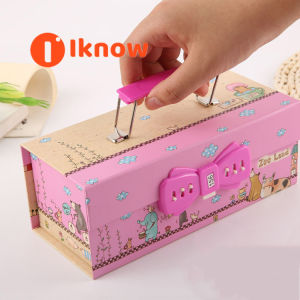 I know Childrens portable three-layer password lock stationery box student cartoon mens and womens multi-functional stationery pencil bag pencil box gift