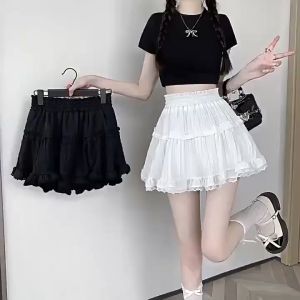 พร้อมส่ง🍒พร้อมส่งกระโปรงสั้นผู้หญิง🐼กระโปรงลูกไม้ Y2Kทรงบัลเล่ต์เอวสูง เอวสม๊อค ทรงเอ สไตล์เวียดนาม สาวอ้วนใส่ได้ มีซักใน