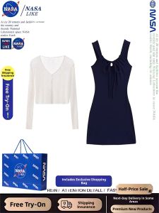 NASA Beautiful Womens Summer Dress High Waist A-Line Short Skirt Two-Piece Set Korean Style Long Sleeve V-Neck Commute Wear