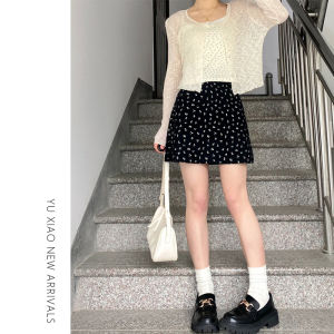 Black Floral Print Mini Skirt Womens High Waist A-Line Half Body Slimming Fat MM Pear Shape Hip Covering Summer Casual Skirt