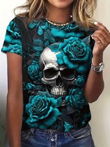 Womens Tee - Skull & Turquoise Rose Graphic Edgy Gothic Floral Design for Casual Daily Wear