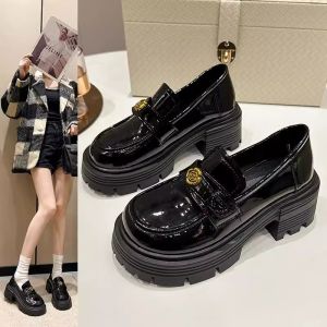 Womens Thick Heel Loafers Spring Autumn 2025 New Style Tea Rose Embossed Leather Fashion Single Shoes British Style Small Leather Shoes