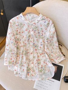 หลวม Fit Pure ผ้าฝ้าย ลำลอง เสื้อเชิ้ตผู้หญิง ลายดอก แขนสามส่วน กระดุม เสื้อท่อนบน ศิลปะ ชุดทํางาน