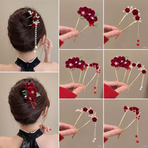 New Chinese Style Velvet Flower U-Shaped Hairpin Womens Ancient Style High-End Tassel Hairpin Hair Winding Tool Hair Clip