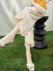 SUSHE | High Waist Slit Hem Ruffled H-Shape Flowy Casual Wide Leg Nine-Tenths Pants