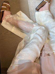 QIAONIAOGE | Summer Lace Print Wide Leg Pants Womens Acetate Satin Drapey Straight Silk Ice Cool National Style Commute Ethnic Style