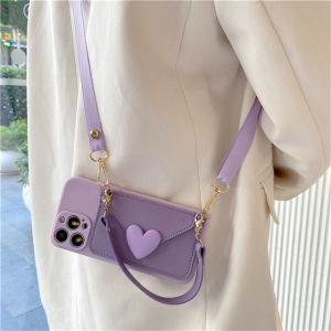 YJJ Korean Crossbody Lanyard Necklace Strap for iPhone 15 11 12 13 14 Pro Max X XS XR Max Card Holder Purple Case Coin Purse Cover