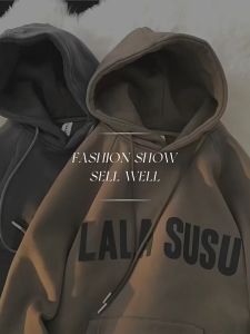 SINRANSINYA丨เสื้อมีฮู้ดสำหรับผู้ชายพิมพ์ลายตัวอักษรเสื้อฮู้ดขนแกะเสื้อโค้ทเด็กผู้ชายสตรีททรงหลวมมีฮู้ดสำหรับไปโรงเรียน