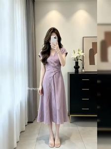 NIUVIES | V-Neck Purple Waist Accentuating Summer Dress