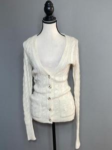 เสื้อคาร์ดิแกนถักคอวีสีขาวสไตล์เรโทรสำหรับผู้หญิง ทรงสลิมฟิต แขนยาว ปกโปโล สไตล์ฤดูใบไม้ร่วง 100% ผ้าฝ้าย