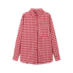 Red Plaid Long Sleeve POLO Neck Shirt Womens Loose Fit Slimming Open Cardigan Korean Style Commute Fashion Early Autumn Design