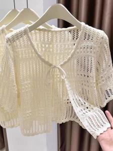 เสื้อคาร์ดิแกนถักแขนสั้นผู้หญิง ชุดเดรสยาวคลุมไหล่ ป้องกันลูกไม้ เสื้อเชิ้ตผ้าชีฟอง ชุดทำงานฤดูร้อน แขนสั้น คอวี