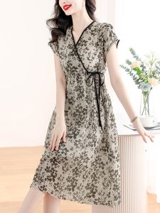 Elegant Floral Print Silk Dress Womens Summer High Waist Short Sleeve V-Neck Midi Skirt X-Shape Silhouette Chinese Style