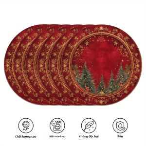 VIKAMA 6PC Đỏ Vàng Placemats Cho Giáng Sinh Bàn Ăn Nhà Hàng Trang Trí Nhà Polyester Không Dệt Chống Mài Mòn Dễ Dàng Chăm Sóc