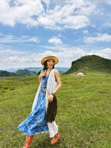 Boss Feng White Hollow-out Long Knitting Vest Female Bohemia Bandage Dress Cardigan Top Northwest Xinjiang Wear