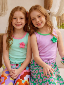PPTOWN | Childrens Sleeveless T-Shirt Slim Fit 3D Floral Design Contrast Colors