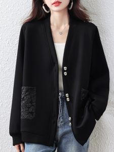 Slimming Effect Black Jacket plus Size Womens Spring New Style Commute Simple Style Loose Fit Button Detail Polyester Fiber