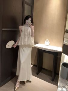 GUZILIAN | French Dot Halter Neck Pure Desire Womens Summer Top Elegant Sweet Satin Mini Dress Two Piece Set Fashionable Commute Style