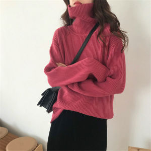 White Enhancing Red High Collar Loose Womens Knitwear Autumn Winter Vintage Lazy Style Bottoming Sweater Fashionable Top