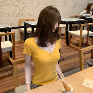 SUHUIQIAN | White V-Neck Straight Shoulder Slimming Short Sleeve Designer T-Shirt