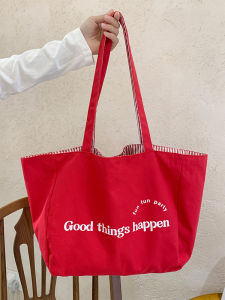 Red Striped Double-Sided Canvas Shoulder Bag Large Capacity Commuter Tote Bag for Women Summer 2025 New Style Fashionable Canvas Bag