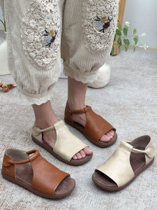 Handmade Womens Sandals Summer New Arrival Genuine Leather Breathable Vintage Mom Shoes Soft Bottom Ethnic Style Elderly Sandals