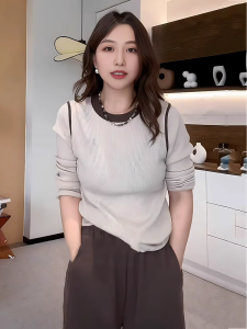 plus Size round Neck Long Sleeve Womens Base Shirt Conceal Meat Show Slimming T-Shirt Top for Early Autumn Commute Style