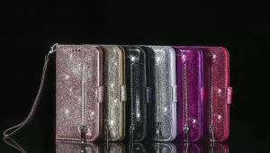 Zipper Flip Wallet Glitter Leather Case for iPhone 18 17 16 15 14 13 12 11 Pro Max XS XR 8 7 Plus SE 16E Mini Bling Phone Cover