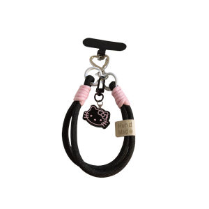 สายรัดข้อมือที่จับสายผู้หญิงพร้อมจี้รูปแมวคิตตี้สีดำ3D ลายการ์ตูนหมุนได้สีทึบเชือกแขวนเคสโทรศัพท์