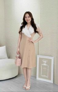 Nude Color Formal Graduation Dress for Women French Style Ruffle Neckline