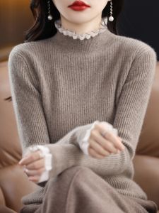 100% Pure Cashmere Sweater Stylish Thickened Autumn Winter Warm Knitted Ladies Cowl Neck Fashionable Sweater Knit Base Shirt