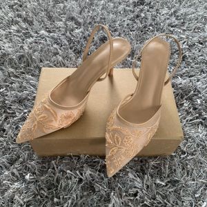 Luxury Brand High Heels Women Sandals Mesh Embroider Elegant Pointed Ladies Slingback Evening Party Wedding Bridal Dress Shoes