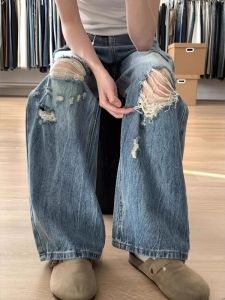 American Style High Waist Wide Leg Hole Ripped Denim Jeans Women plus Size Loose Straight Crop Pants High Waist Jeans