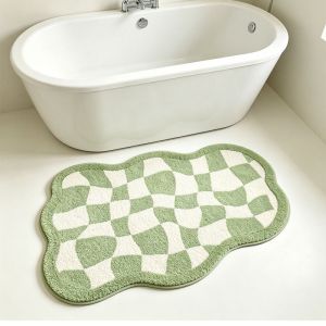 VIKAMA Green Daisy Bath Mat Wavy Edge Non Slip Soft Plush Bathroom Rug Absorbent Flower Floor Mat for Shower Tub Fresh Nature